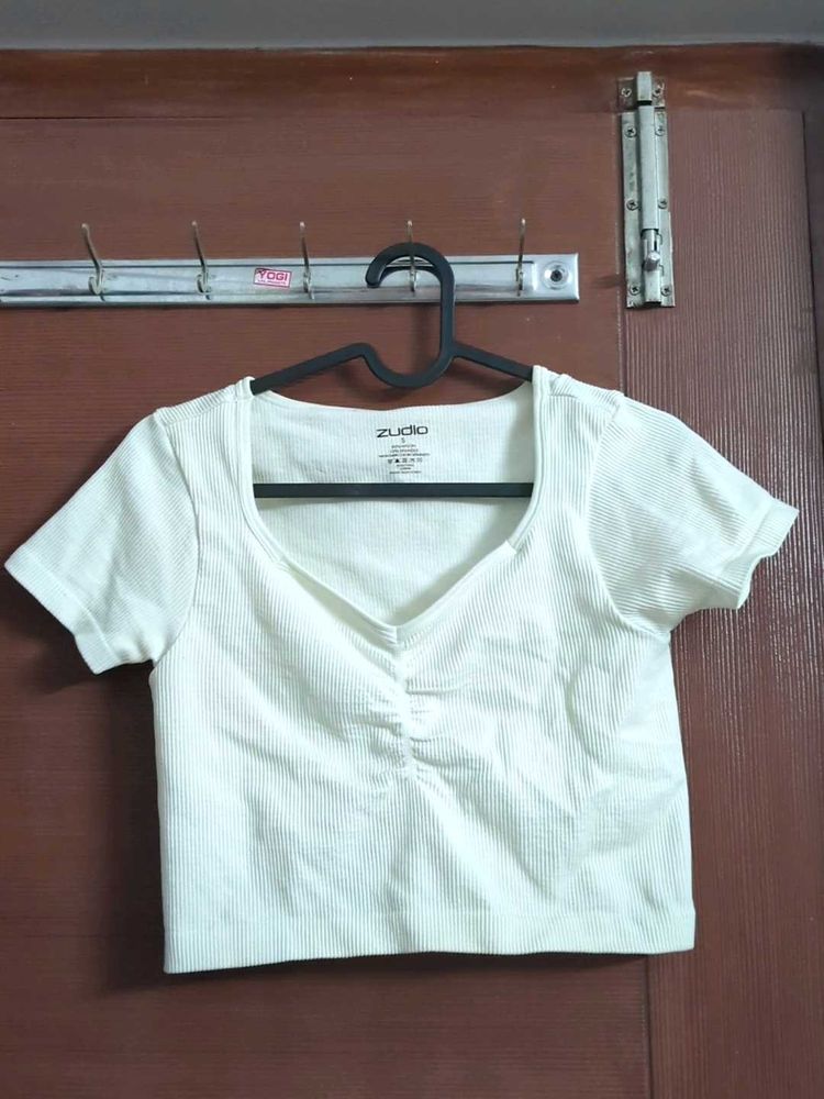 Women's Ribbed Ruched V-Neck Crop Top