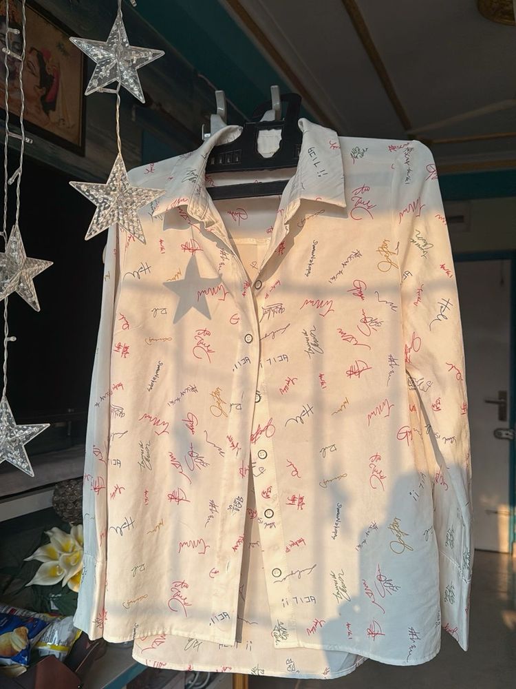 White Graphic Print Button-Up Shirt