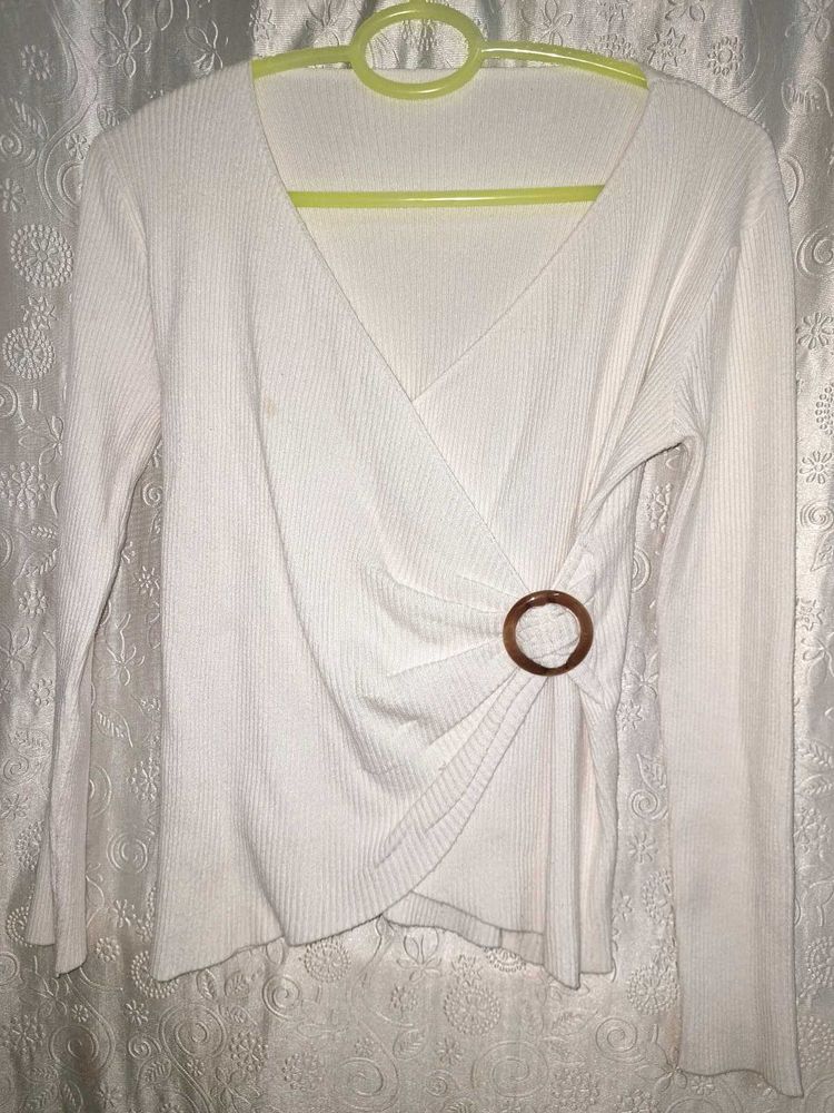 Chic White Wrap Top with Ring Detail