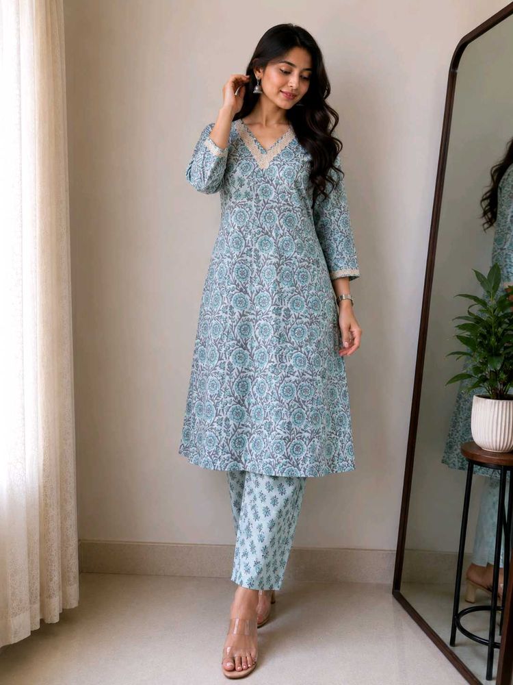 Blue Floral Print Kurta Set