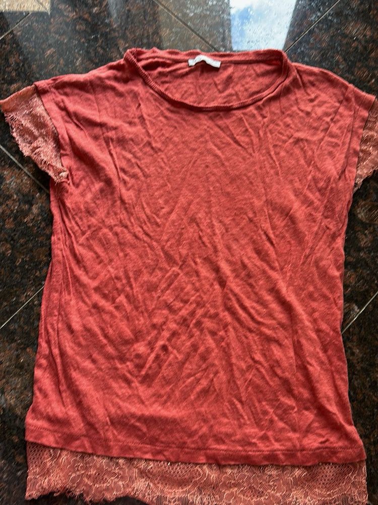 Lace edged Coral Top