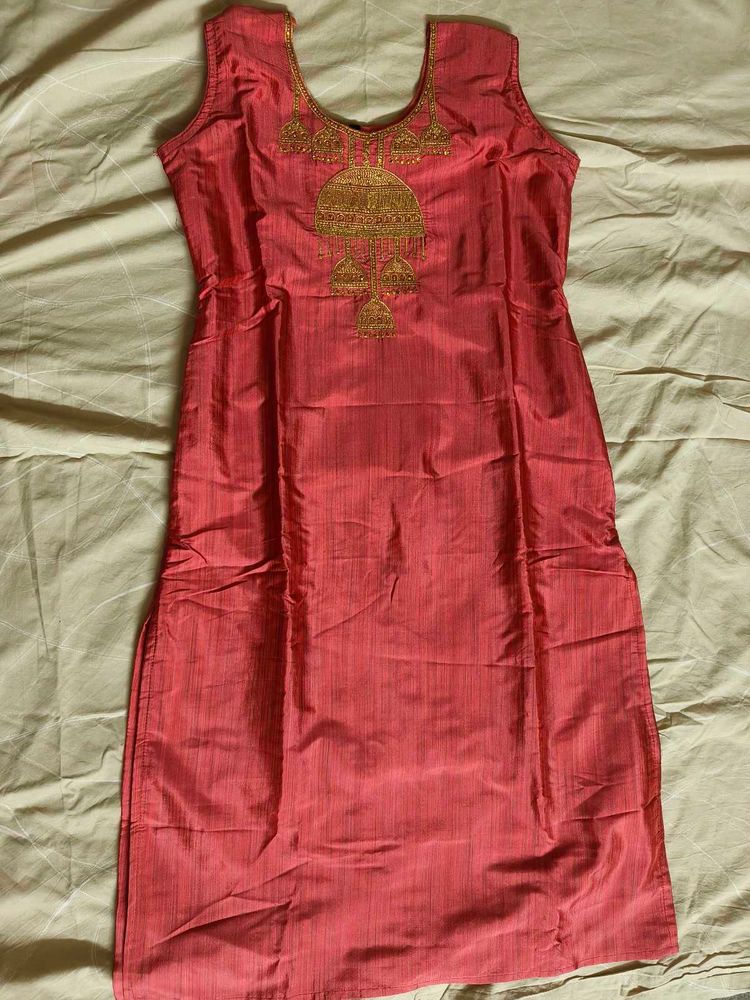 Elegant Coral Kurta with Gold Embroidery
