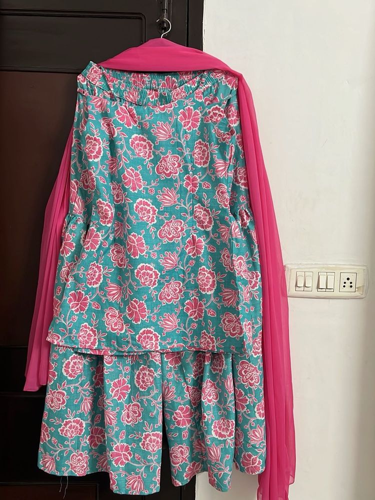 Sky blue &amp;Pink  Floral Kurta Set with Dupatta