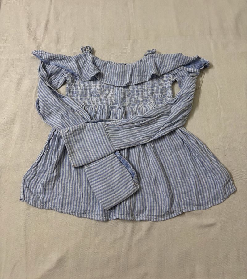 Blue Striped Off-Shoulder Smocked Top