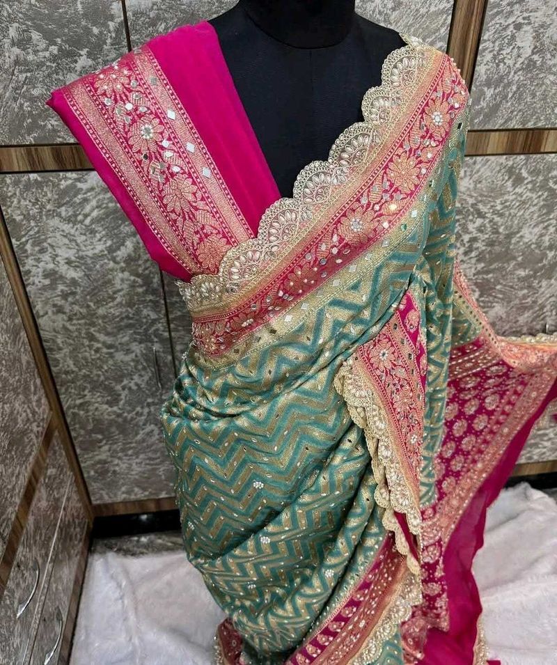 Elegant Teal &amp; Pink Embroidered Saree