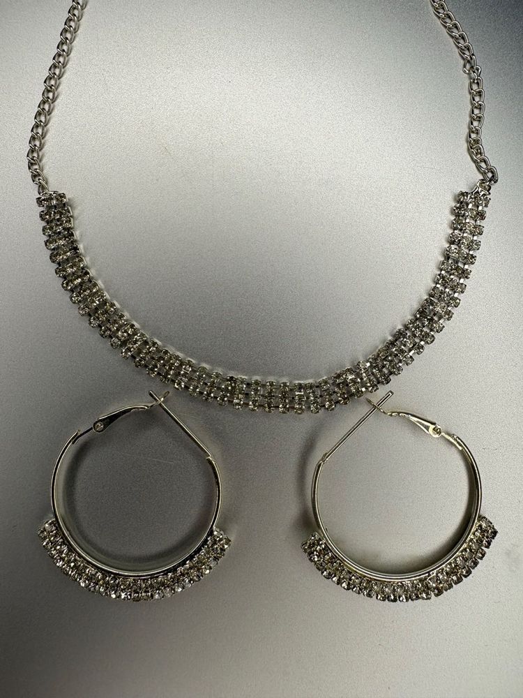 Sparkling Rhinestone Necklace &amp; Hoop Earrings Set