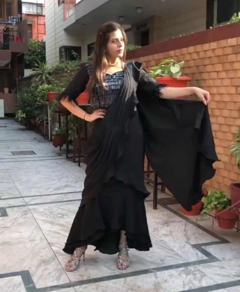 Elegant Black Ruffled Ready To Wear Saree