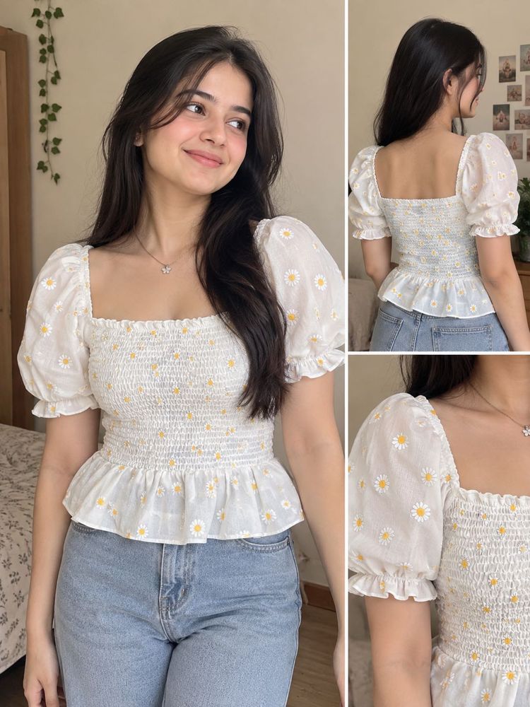 White Smocked Peplum Top with Daisy Print