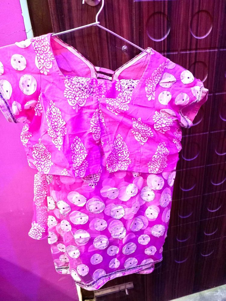 Pink Saree Set With Stitched Blouse And Peticoa