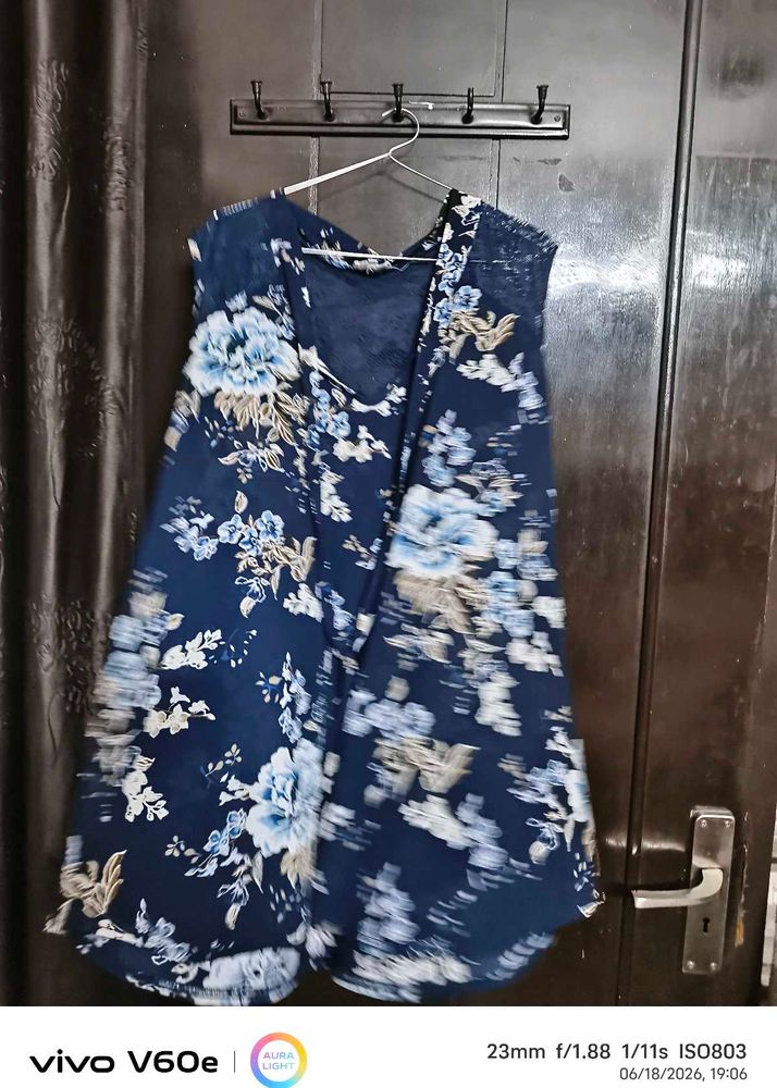 Beautiful Floral Print Navy Blue Gown