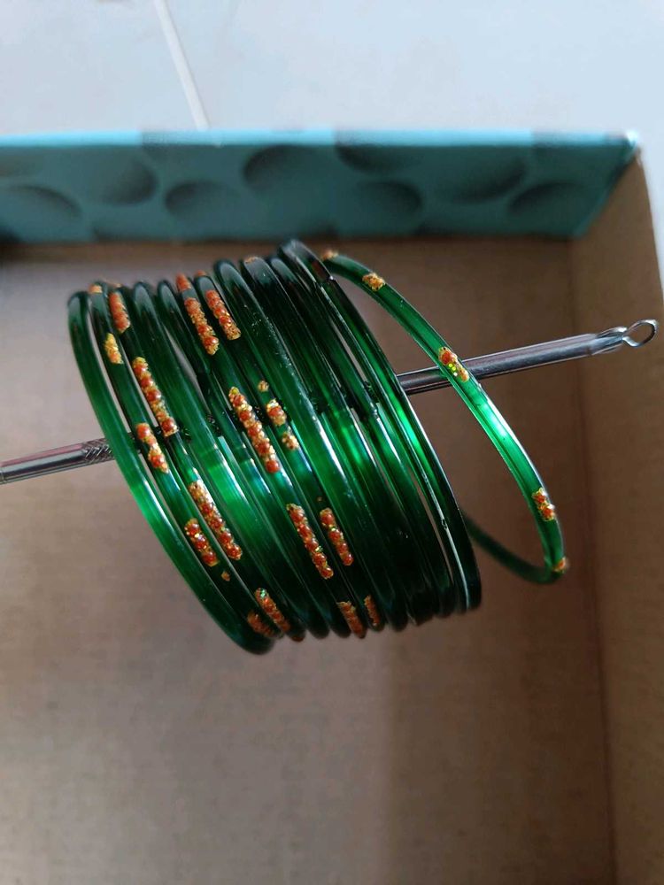 Green Glass Bangles with Golden Glitter