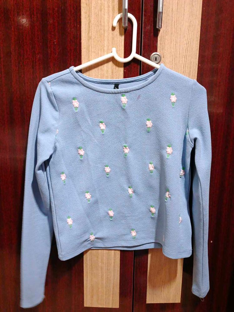 Light Blue Embroidered Long Sleeve Top