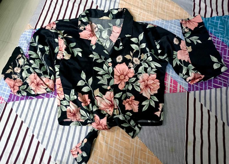 Black Floral Tie-Front shirt