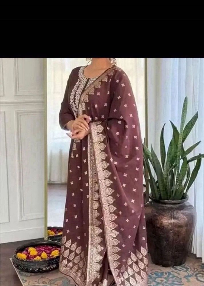 Elegant Embroidered Brown Suit
