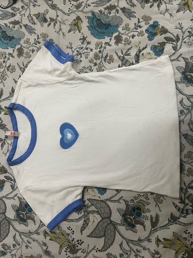 White Ringer Tee with Blue Heart