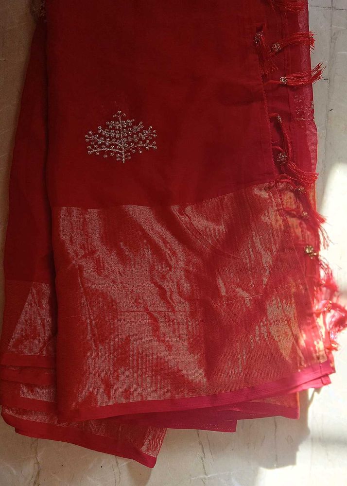 Vibrant Red Embroidered Saree
