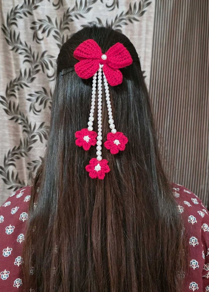 🎀 Handmade Crochet Hair Bow with Pearl Tassels 🎀