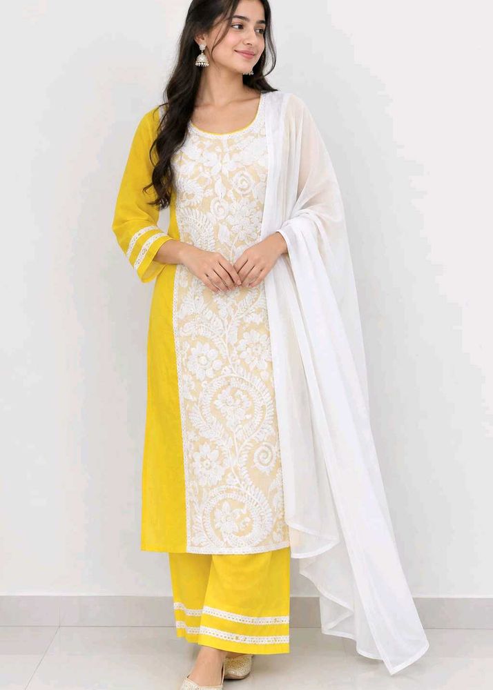 Yellow &amp; White Chikankari Kurta Set