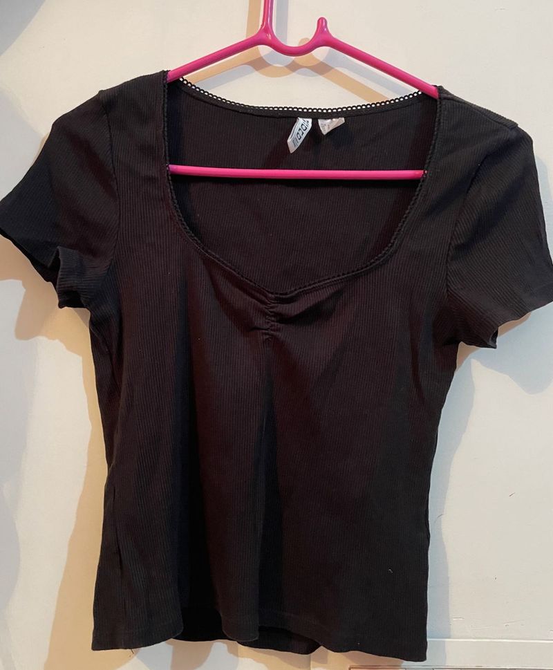Black Ribbed Square Neck Top