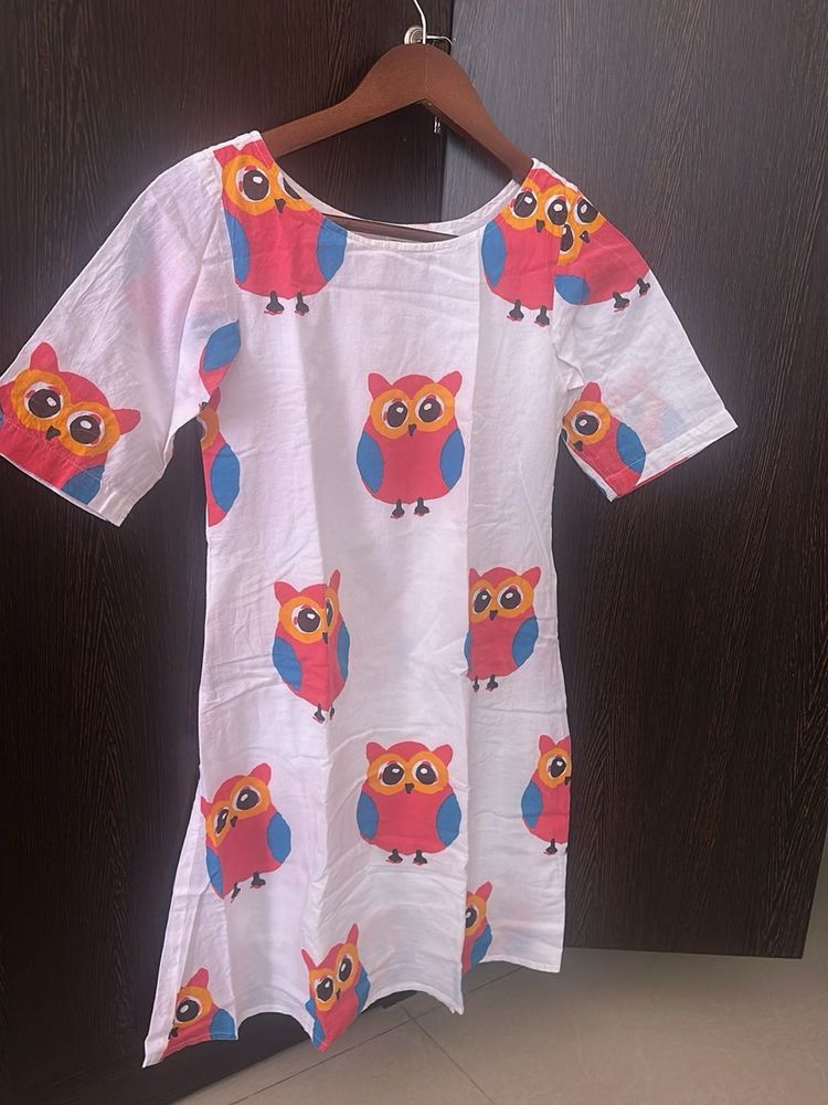 Quirky Cute Owl Print White A line dress