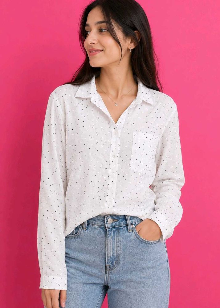 Zudio White Polka Dot Button-Down Shirt Top