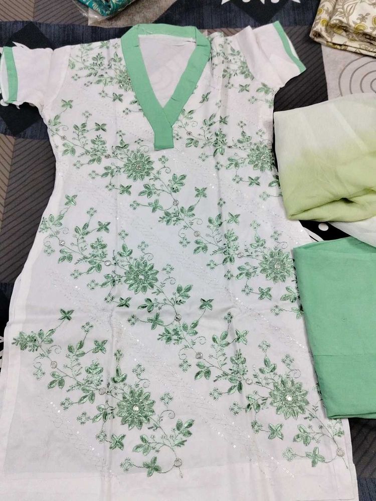 White Kurta Set with Green Embroidery