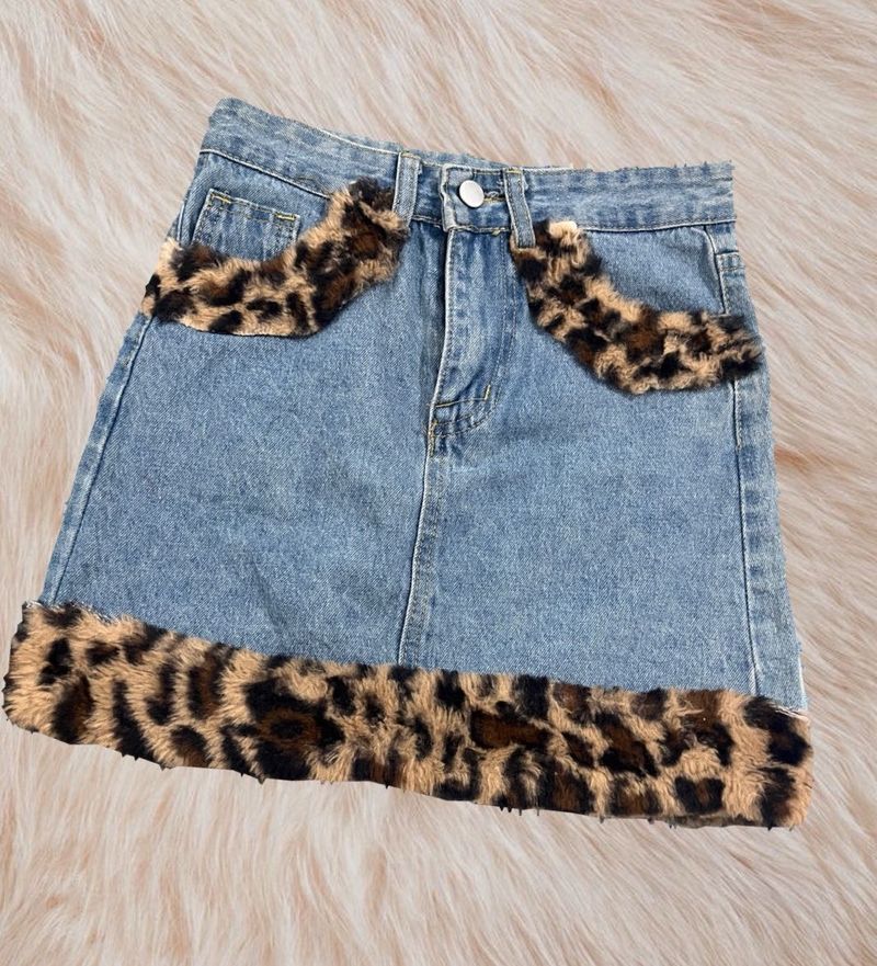Y2K animal print fur denim skirt