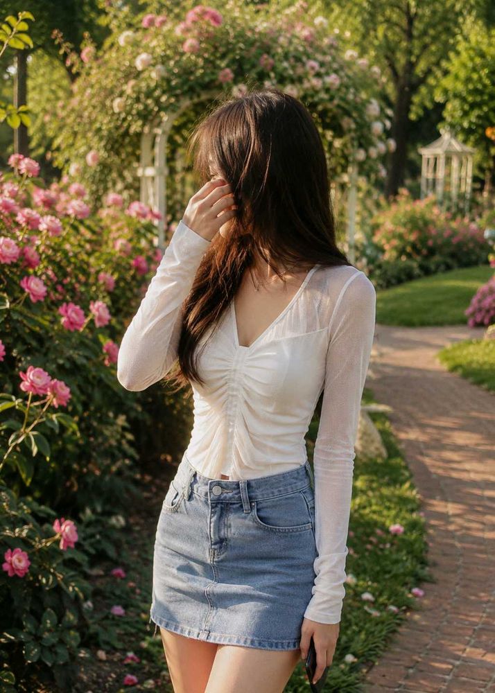 Chic White Ruched Mesh Top