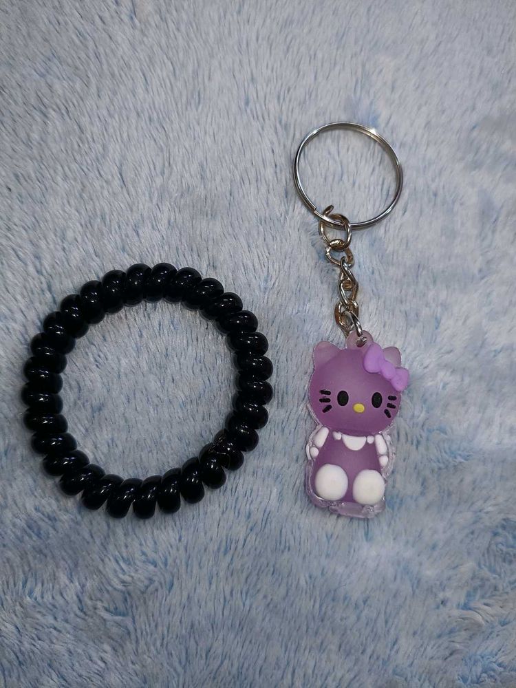 Cute Hello Kitty Keychain + Black Beaded Bracelet