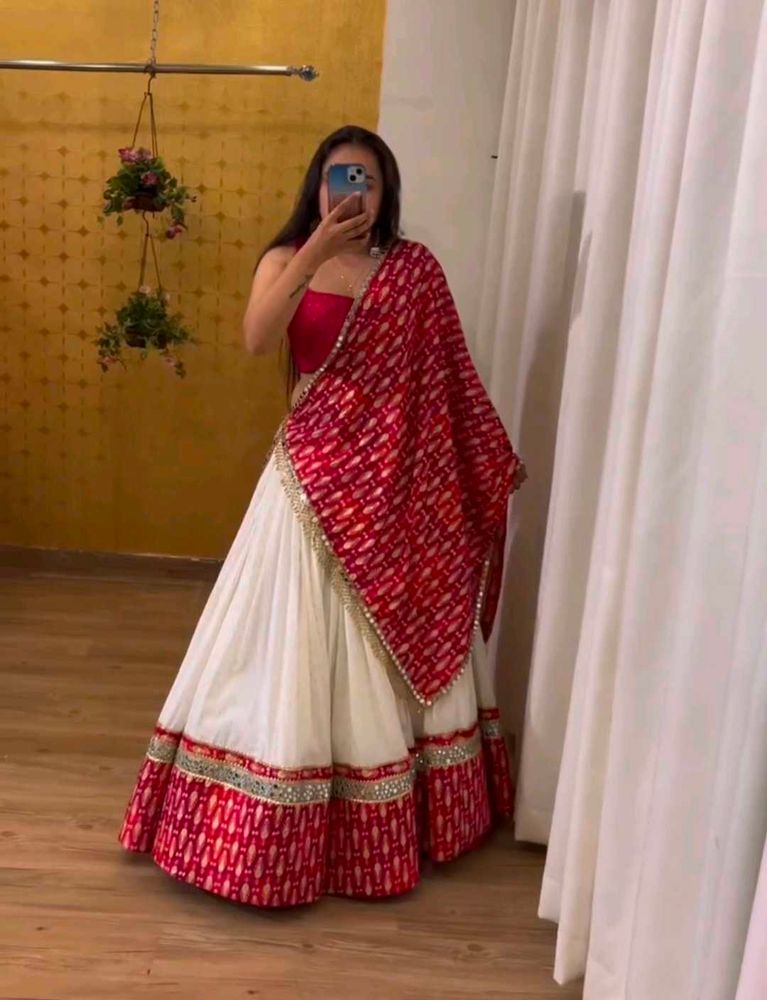 White And Red Real Mirror Work Lehenga