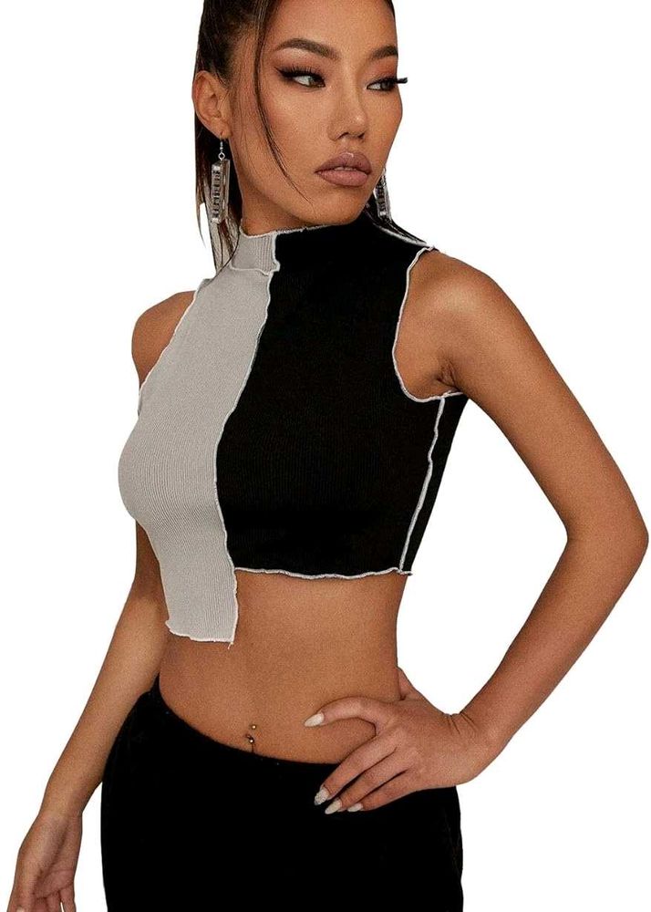 40127. Colorblock Mock Neck Crop Top