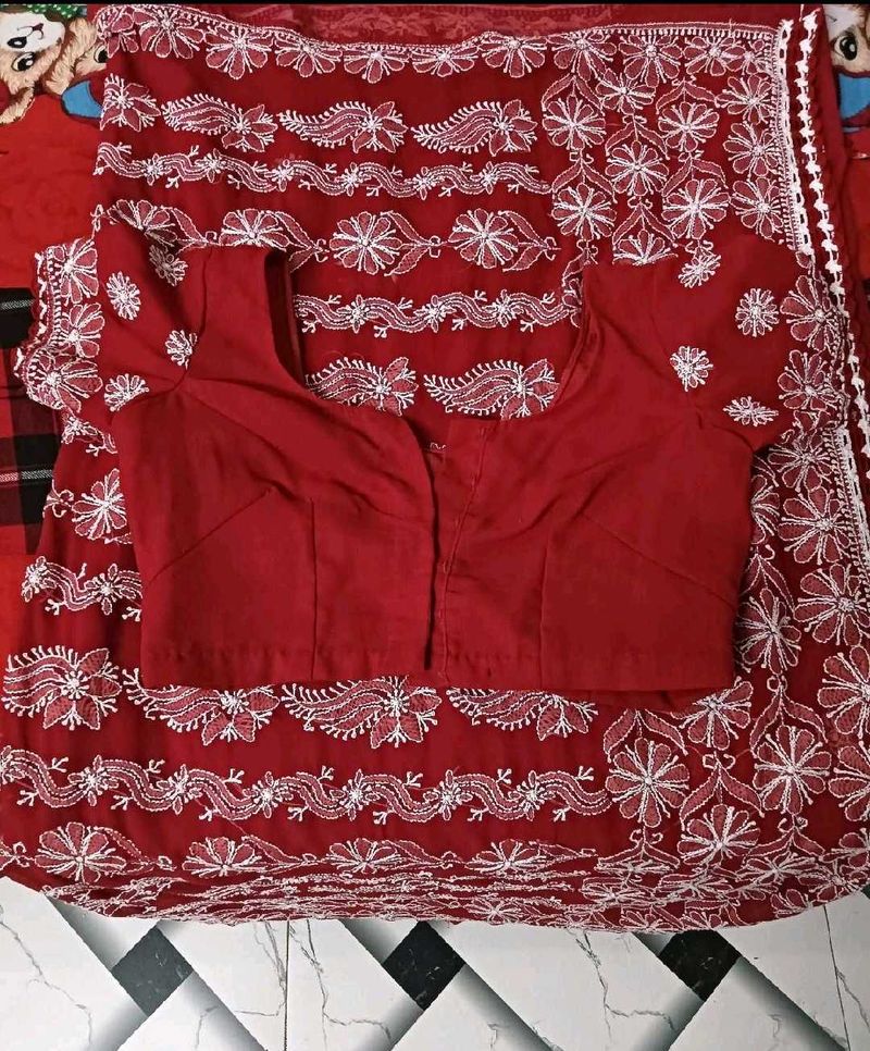 Elegant Red Embroidered Saree with Blouse