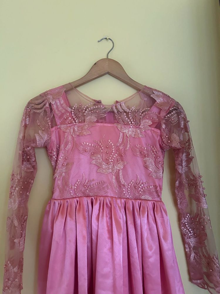 Elegant Pink Beaded Lace Dress
