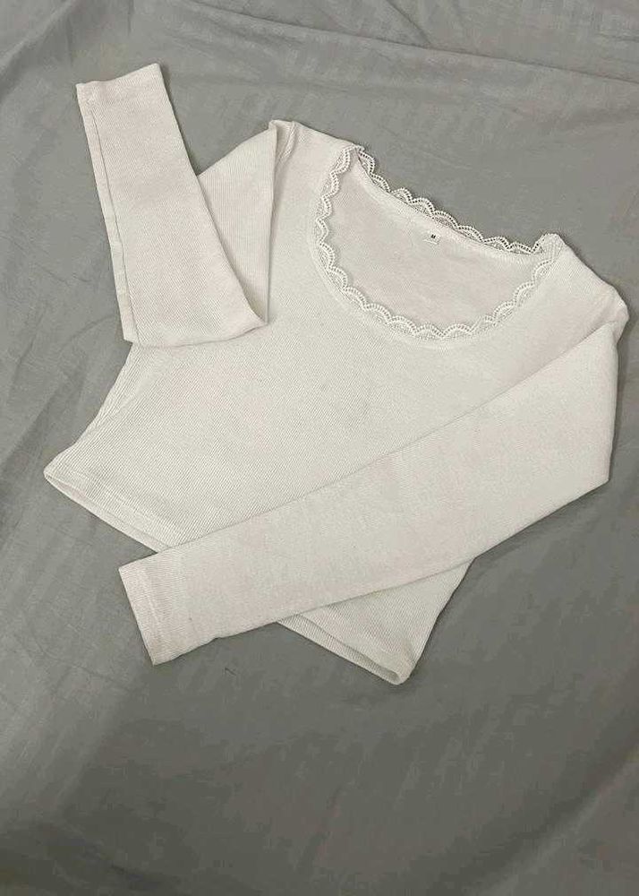 White Lace Trim Long Sleeve Top