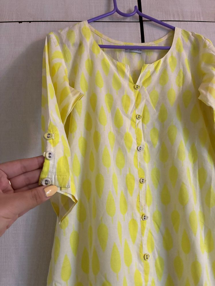 Yellow Leaf Print Kurta