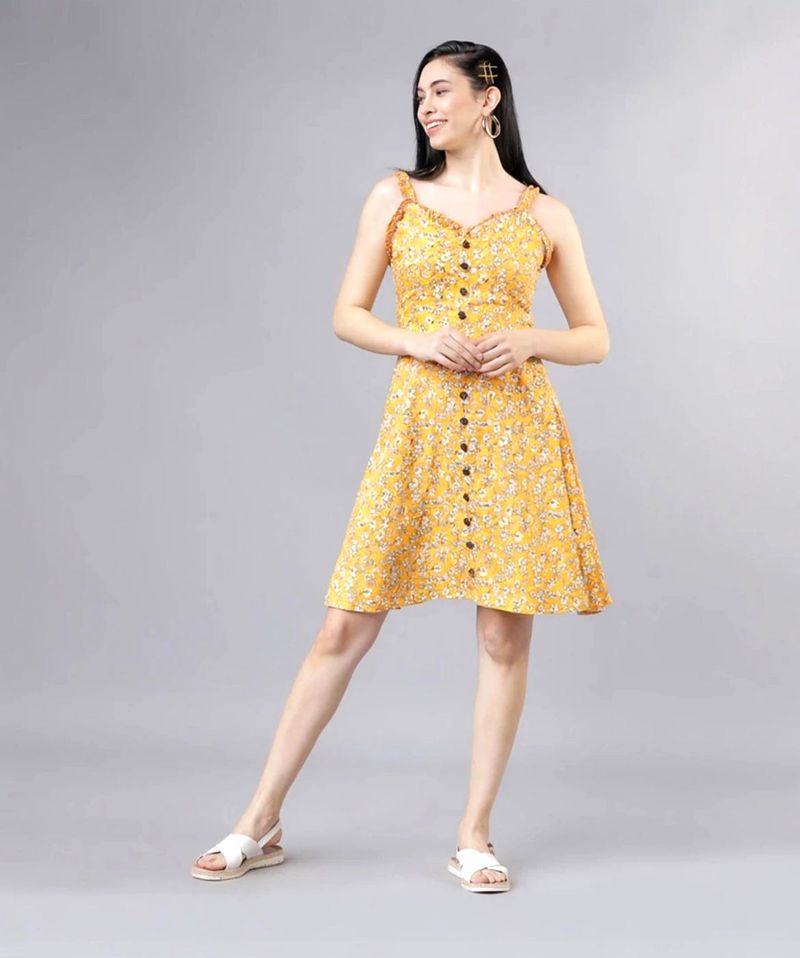 Yellow Floral Print Button-Down Dress