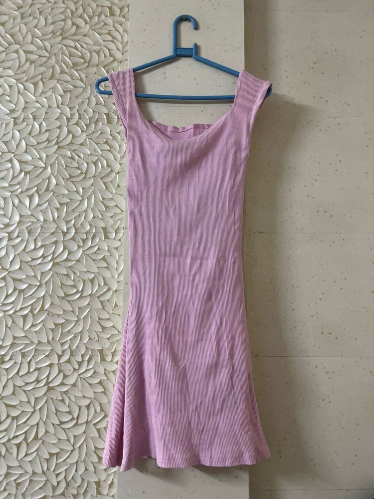 Pink Ribbed Square Neck Dress