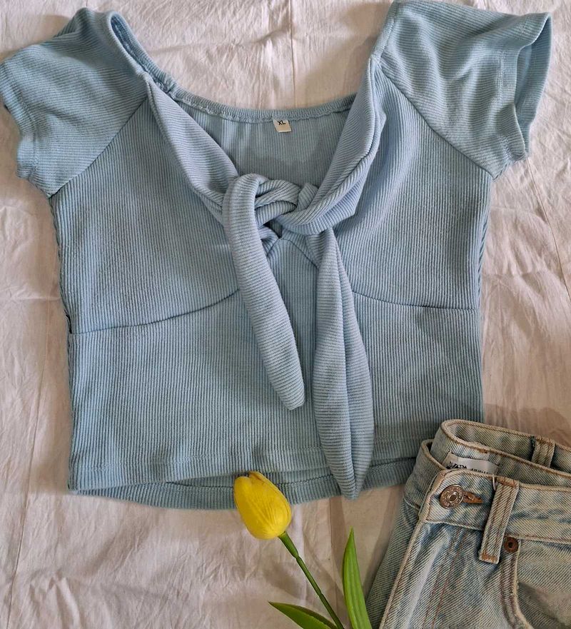 Blue Tie-Front Crop Top