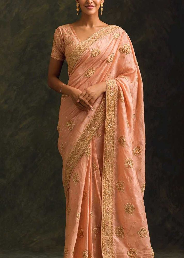 Elegant Peach Embroidered Saree with blouse