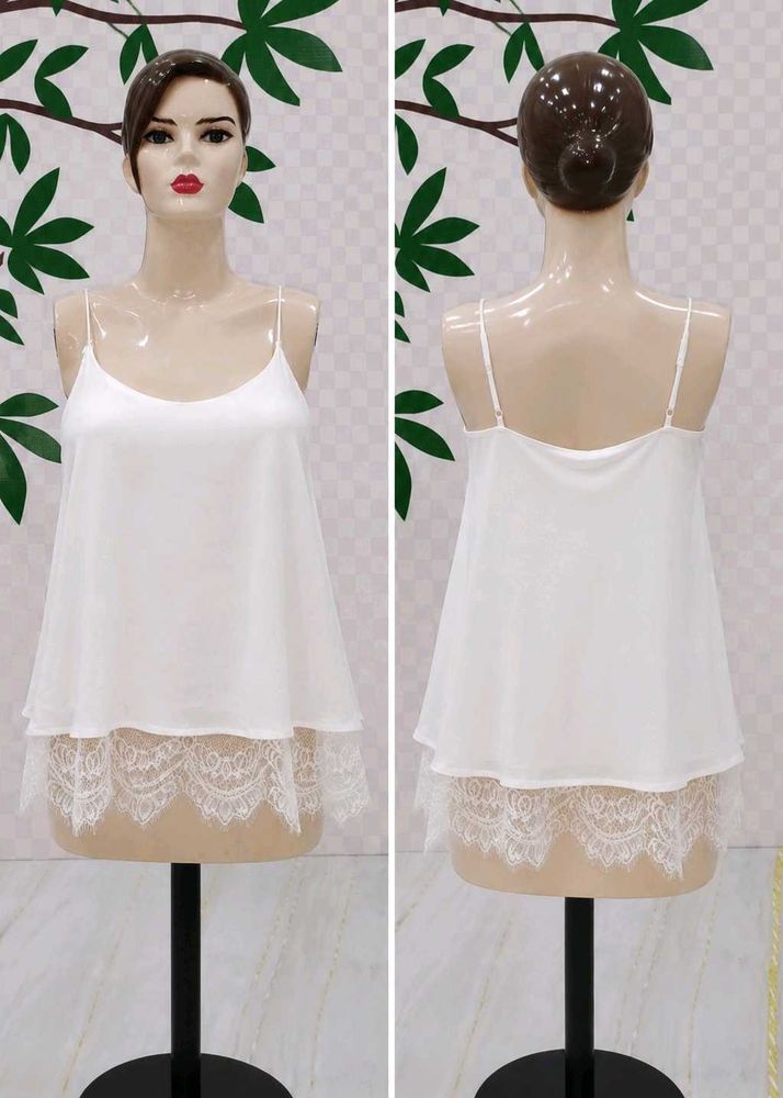 (1400)Elegant White Lace Trim Cami Top