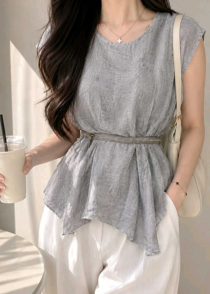 New with tag Korean Elegant Grey Sleeveless Peplum