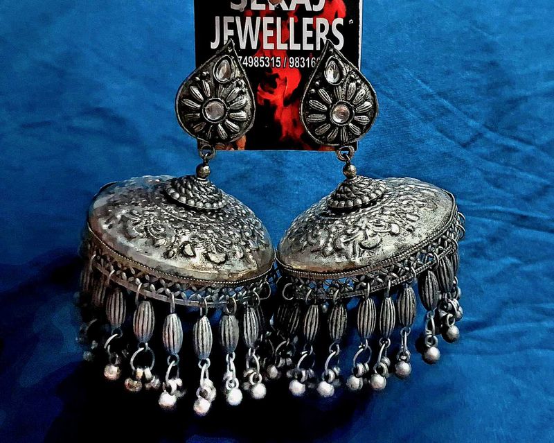 Oxidized Silver Jhumka Earrings