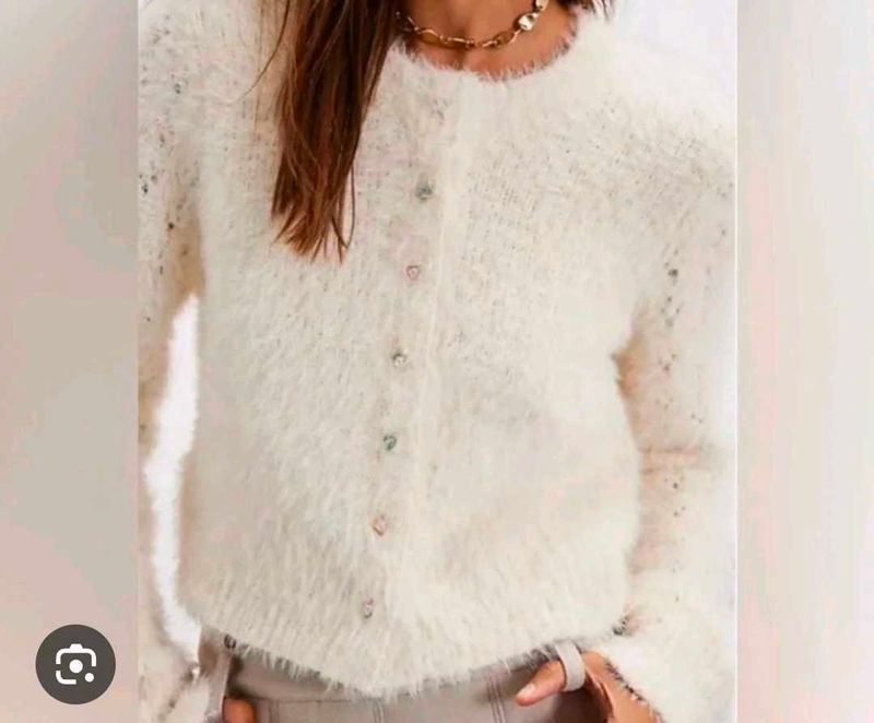 Cream Fuzzy Cardigan with Rhinestone Buttonons
