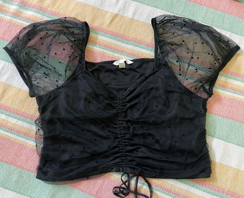 H&amp;M Black Crop Top With Sheer Overlay