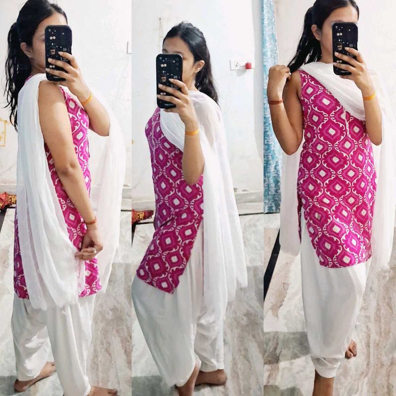 Pink &amp; White Patterned Kurta Set