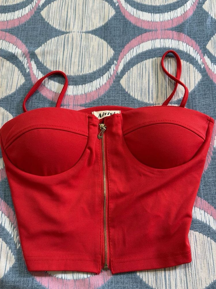 Red Corset Bustier Zipper Top