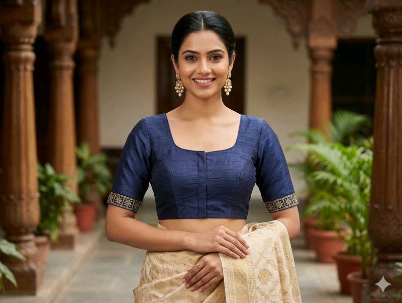 Elegant Navy Blue Silk Blouse(with margin)