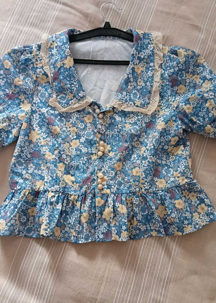 Blue Floral Ruffle Peplum Top