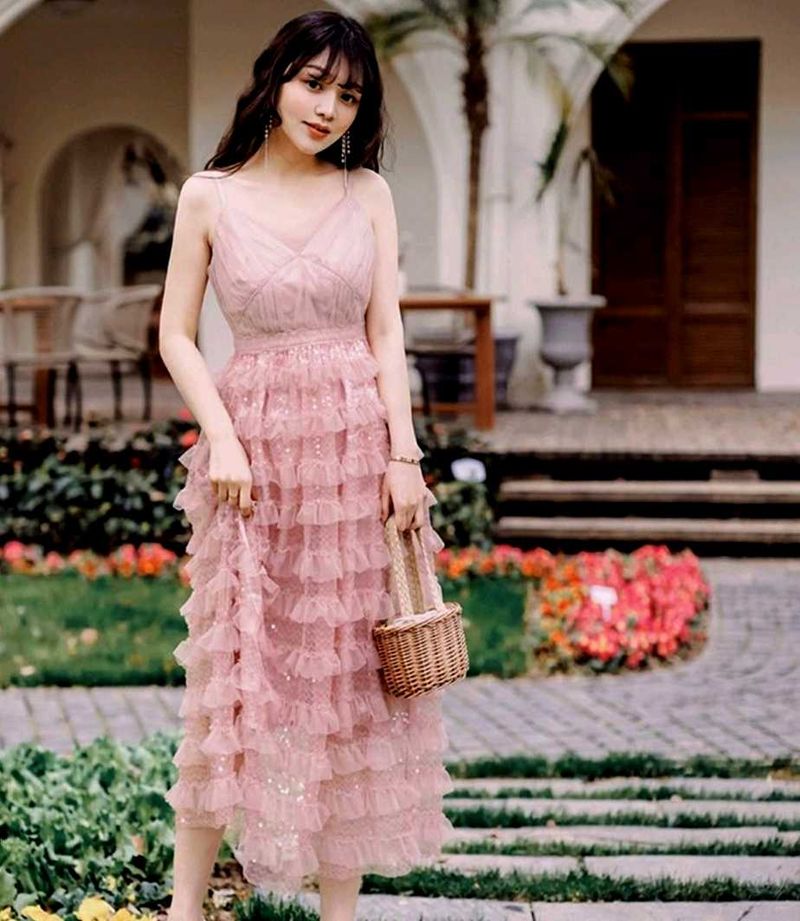 korean Pink Tiered Ruffle Midi Dress
