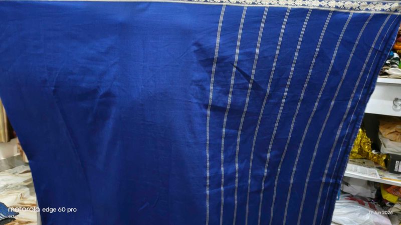 Vibrant Royal Blue Saree with Silver Stripes